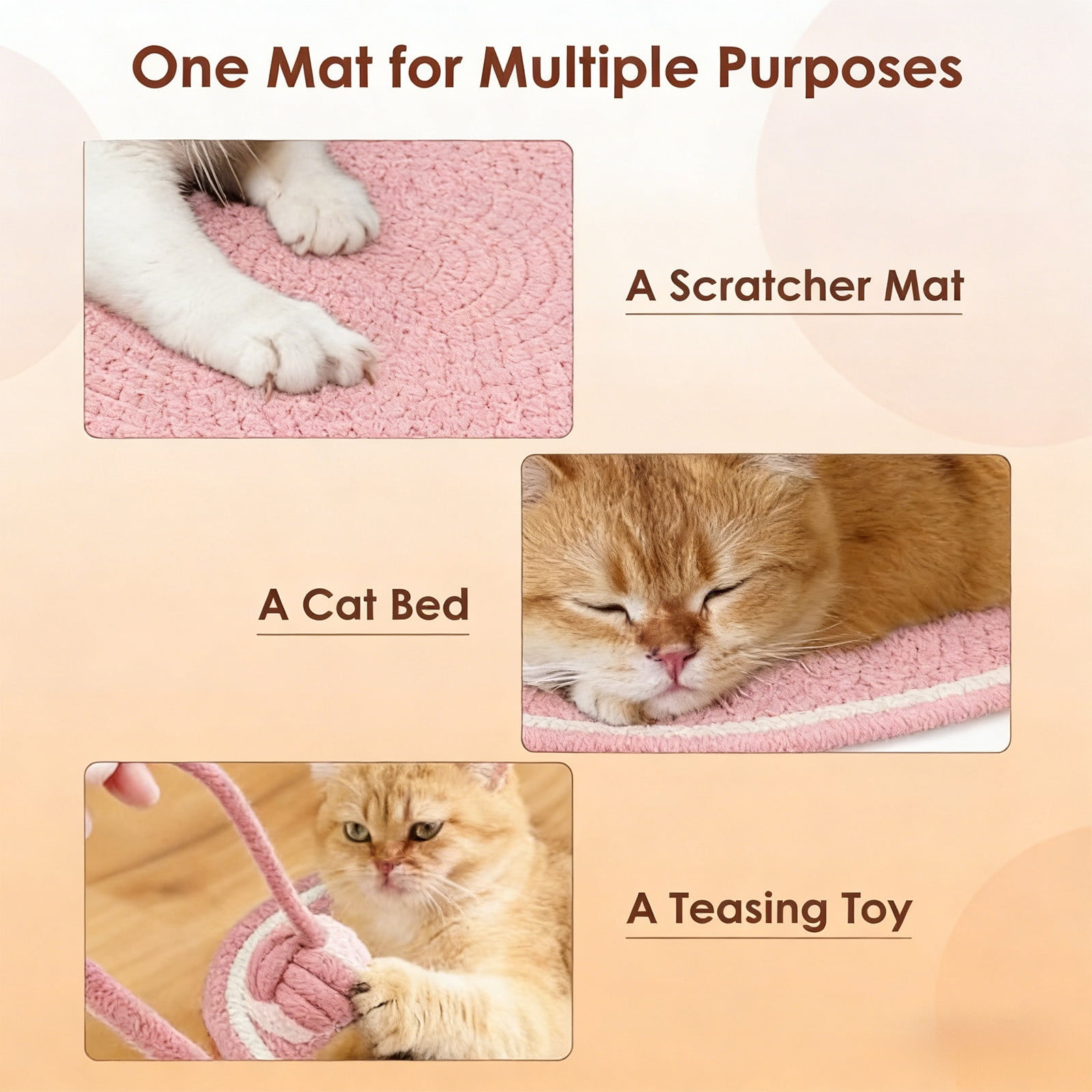 Large Rope Woven Cat Scratch Mat Durable Scratch Resistant Pad With Hanging Ears Toy Ball Interactive Cat Sleeping Scratching Board Furniture Protection Washable Cat Exercise Play Mat for Indoor Cats