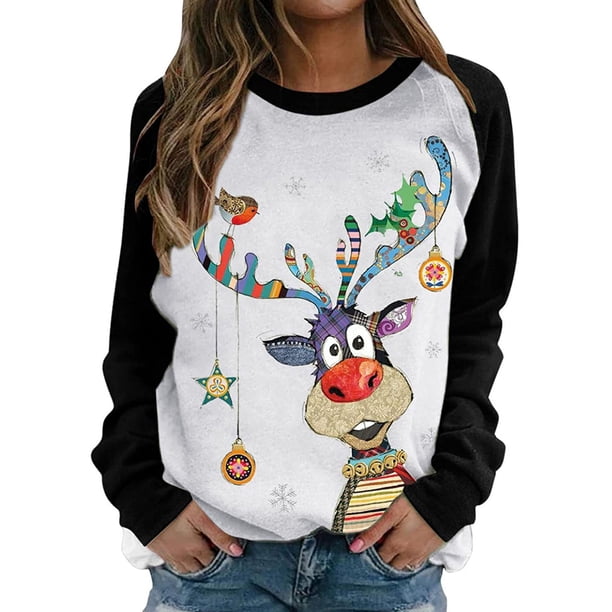 VISgogo Mujer Primavera Otoño Casual Pullover Manga Larga O Cuello Deer Print Patchwork Sudadera VISgogo moda