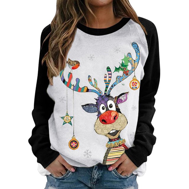 VISgogo Mujer Primavera Otoño Casual Pullover Manga Larga O Cuello Deer Print Patchwork Sudadera VISgogo moda
