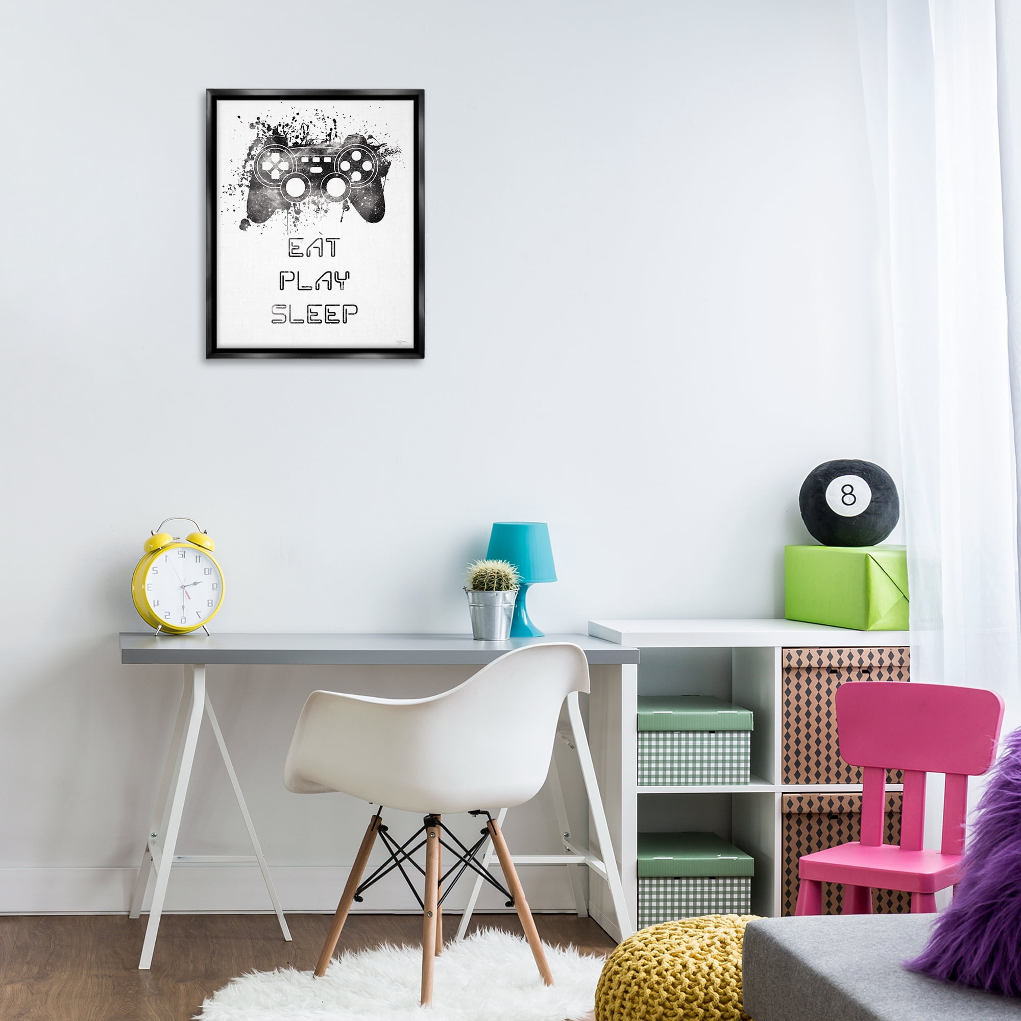 Stupell Industries Eat Play Sleep Gaming Typography Painting Black Floater Framed Art Print Wall Art, 17 x 21