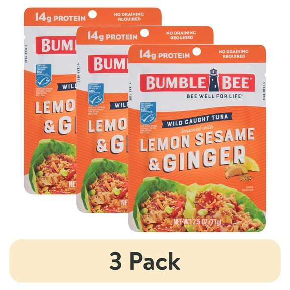 (3 pack) Bumble Bee Lemon Sesame & Ginger Seasoned Light Tuna, Wild Caught, Ready to Eat, 14g Protein per Serving, Shelf Stable Pouch, 2.5 oz