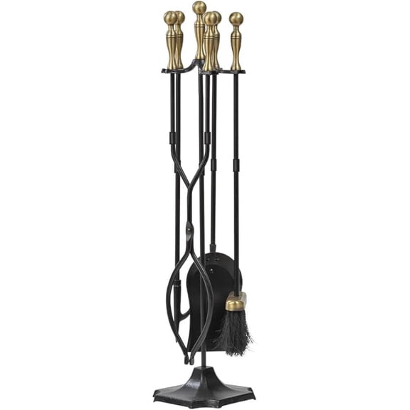 5 Pcs Fireplace Tools Set 31" Wrought Iron Handle Large Fire Tool Set and Holder Indoor Outdoor Fireset Fire Pit Stand Poker Shovel Brush Wood Stove Log Tongs Accessories