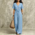 thumbnail image 6 of Women's V Neck Short Sleeve Jumpsuit Cinched Waist Casual One Piece Romper with Long Pants Summer Fashion Outfit Light Blue XL(XL), 6 of 6