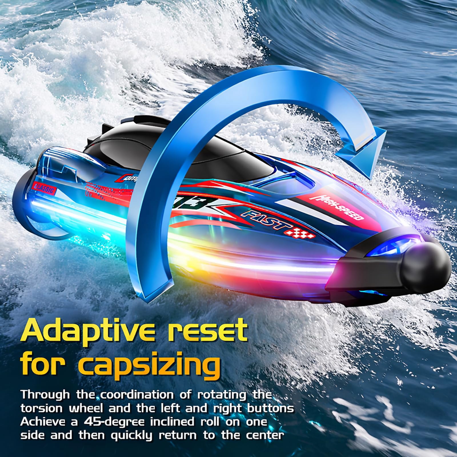 S25 High Speed RC Boat with Dual Brushless Motors, Waterproof LED Light Remote Control Boat for Pool & Lake, 80m Range, Self-Righting Design
