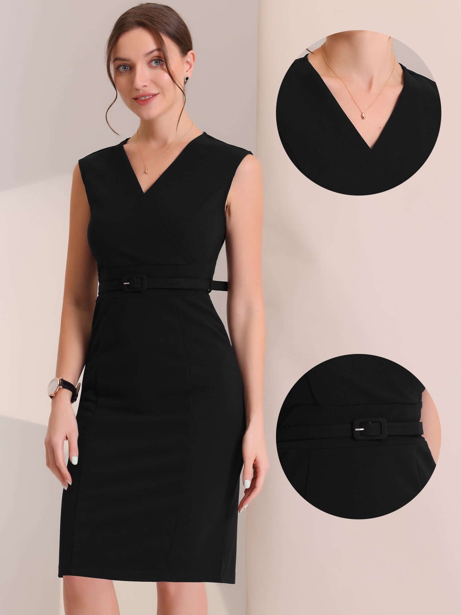 DARING DIVA Pencil Sleeveless Wrap V Neck Belted Office Dresses M Black