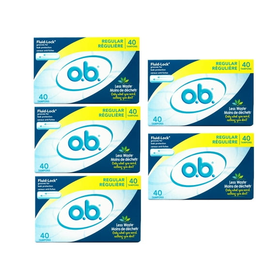 o.b. Tampons No Applicator, Unscented - 40ct, Applicator-Free Tampons Regular, Feminine Care, ob Tampon Regular, Period Products - 5 Pack