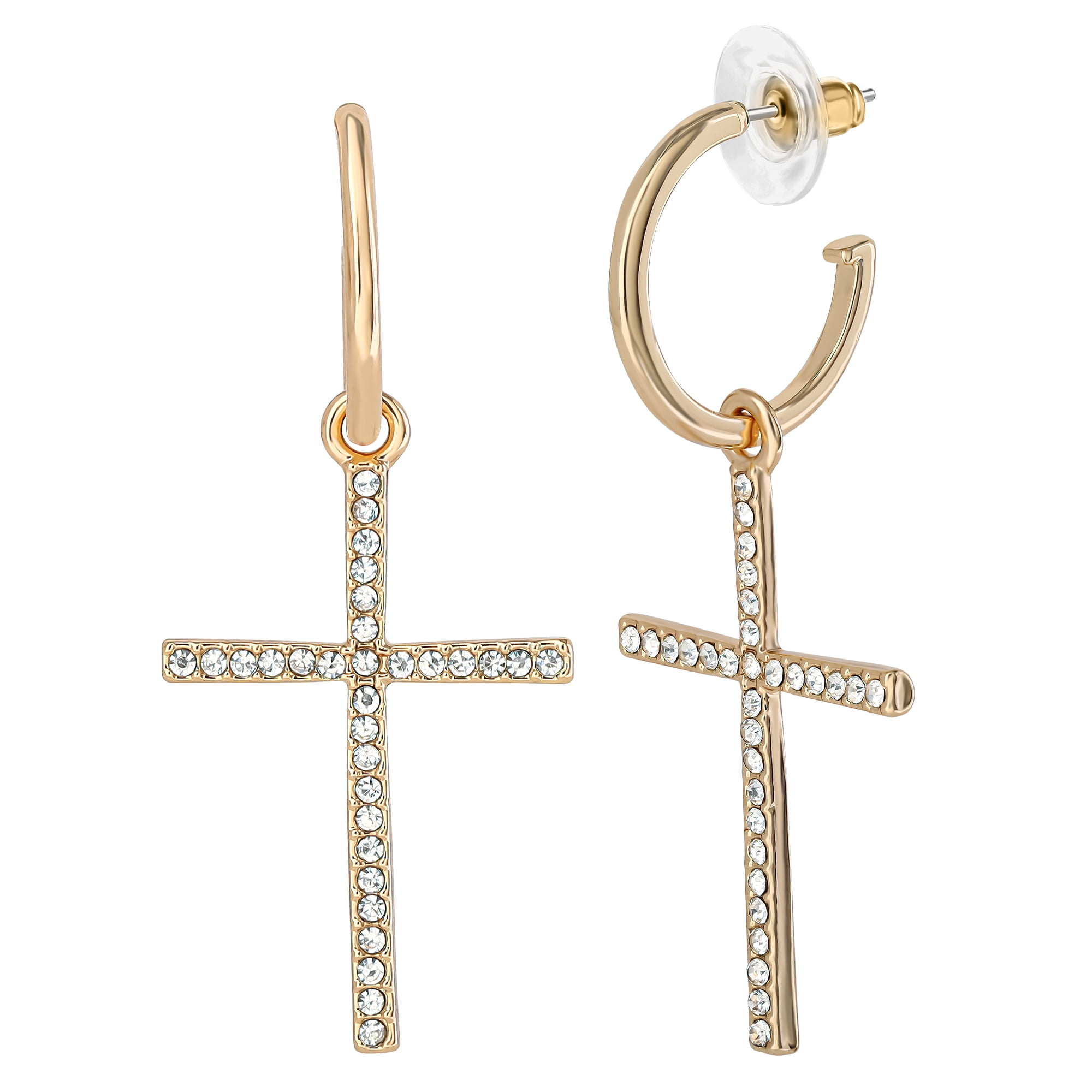 Jessica Simpson Women's Drop Hoop Rhinestone Cross Earrings