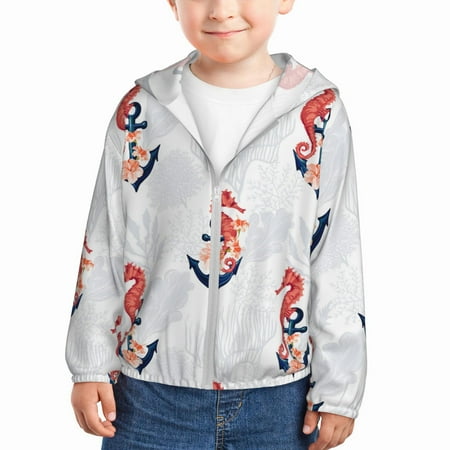 

Sun Hoodie for Kids aesthetic anchor hibiscus seahorse grey Long Sleeve Swim Fishing Shirts Sun Protection Zip Up Jacket Clothing Athletic Hoodie