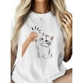 thumbnail image 2 of Women's T-Shirt Single Line Drawing Cute White Cat Line Short Sleeve Casual Tee Classic Crew Neck T Shirt for Women White, 2XL, 2 of 7