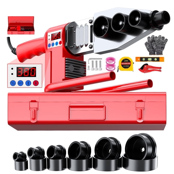 Termofusora Tuboplus 1800w, Kit de Termofusora con 12 Dados (20mm A 63mm *2) &Tijeras, Digital Pantalla, Soldador de Tubo de Agua Plástico para PVC/CPVC/PPR/PEX/POLY/PE