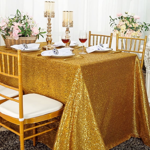 Wedding Linens Inc. 90" x 132" Retangular Sequin Taffeta Tablecloth - Gold