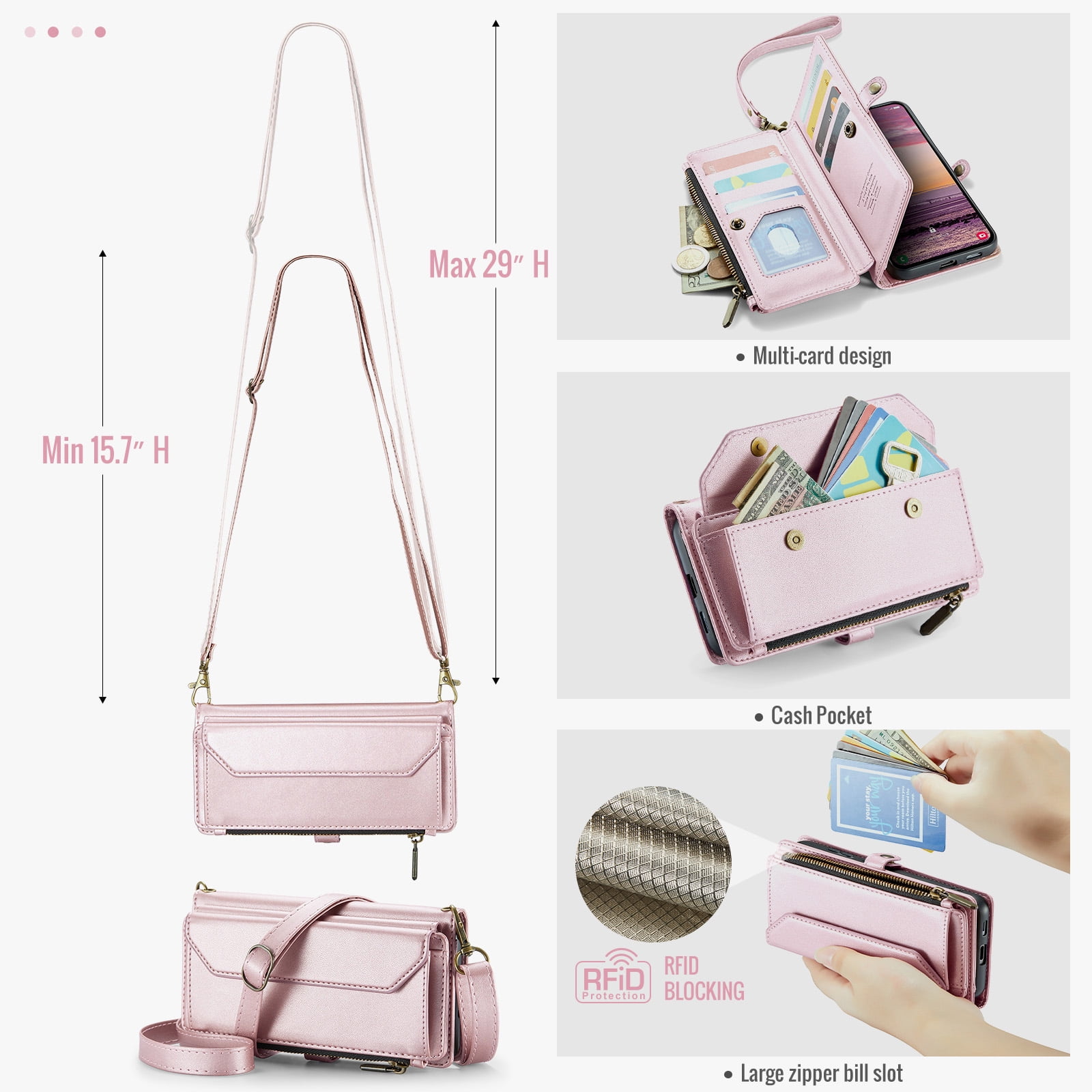 Compatible with Samsung Galaxy S25 Edge 5G Zipper Wallet Phone Case Tempered Glass Screen Protector Crossbody Lanyard Strap Flip Card Holder Slot Cell Cover for S25Edge 25S S25 25Edge Women Rose Gold