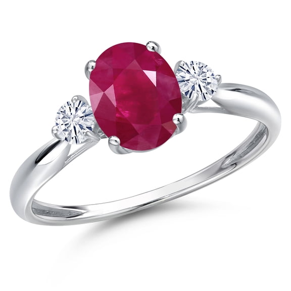 Gem Stone King 10K White Gold Red Ruby and White Moissanite 3-Stone Ring for Women | 1.80 Cttw | Oval 8X6MM | Gemstone July Birthstone | Size 8