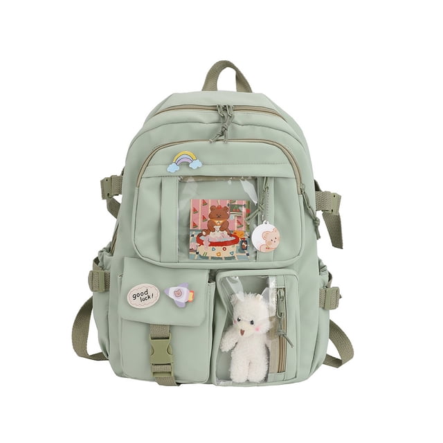 Sonducket escolar cómoda y espaciosa para mujer - de gran capacidad para mujer escolar Mochilas verde con insignia colgante