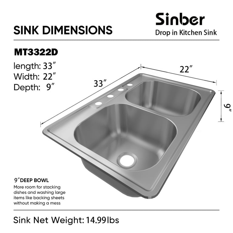 Sinber 33 Drop in Double Bowl Kitchen Sink with 304 Stainless Steel  HT3322D-S-9