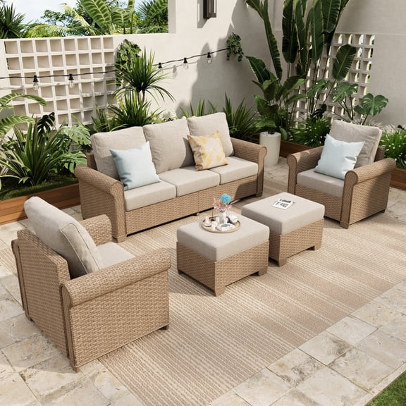 Sophia & William 5 Pieces Wicker Patio Furniture Set 7-Seat Outdoor Conversation Set with Cushions, Beige