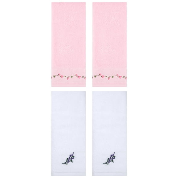 Unique Bargains 4 Pcs Floral Hand Towels for Bathroom 13" x 29" White/Pink