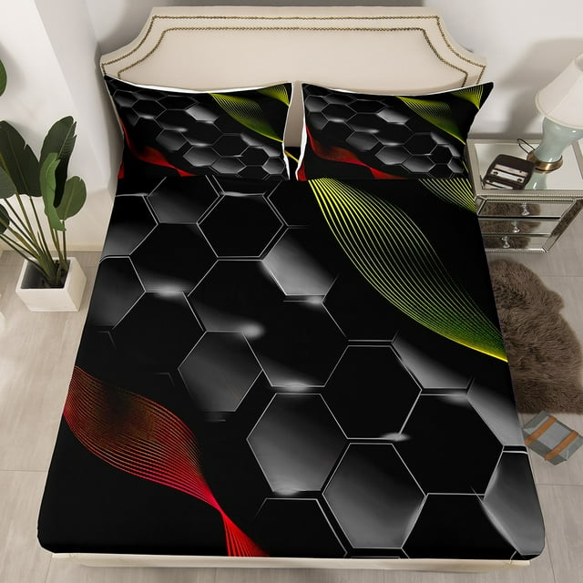Geometric Honeycomb Fitted Sheet Queen,Red and Yellow Striped Bed Set for Kids,Ombre Grey Hexagonal Bedding Set,Neon Lights Gradient Stripes Bed Sheets 3 Pcs with 2 Pillow Cases (No Top Sheet)
