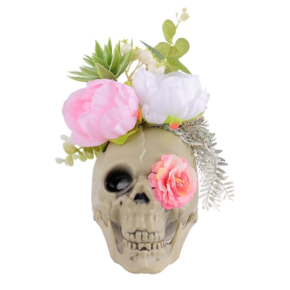 LHWEN Halloween Sculpture Decoration 7 Inch Statue Desktop Ornament Flower Headwear Day of the Dead Home Party Props Creative Gift Themed Activity Skeleton Hand-painted Unique Collectible Gothic