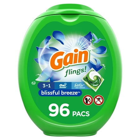 Gain flings! Liquid Laundry Detergent Pacs, Blissful Breeze, 96 count