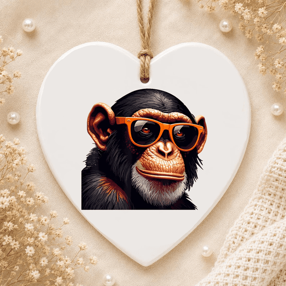 Cool Face Monkey With Sunglasses Cartoon Animal 2D FLAT HEART Ceramic Ornament