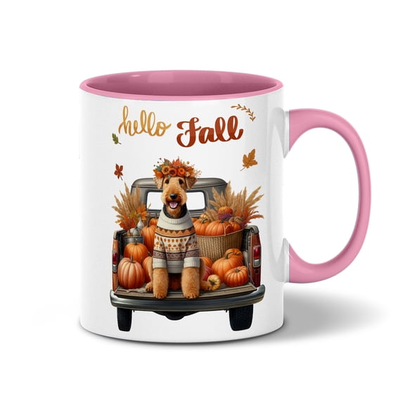 Hello Fall Autumn Airedale Terrier Pumpkins Pickup Truck 11oz Accent Two-tone Mug Dale Waterside Dog Lover Coffee Tea Cup - 13011