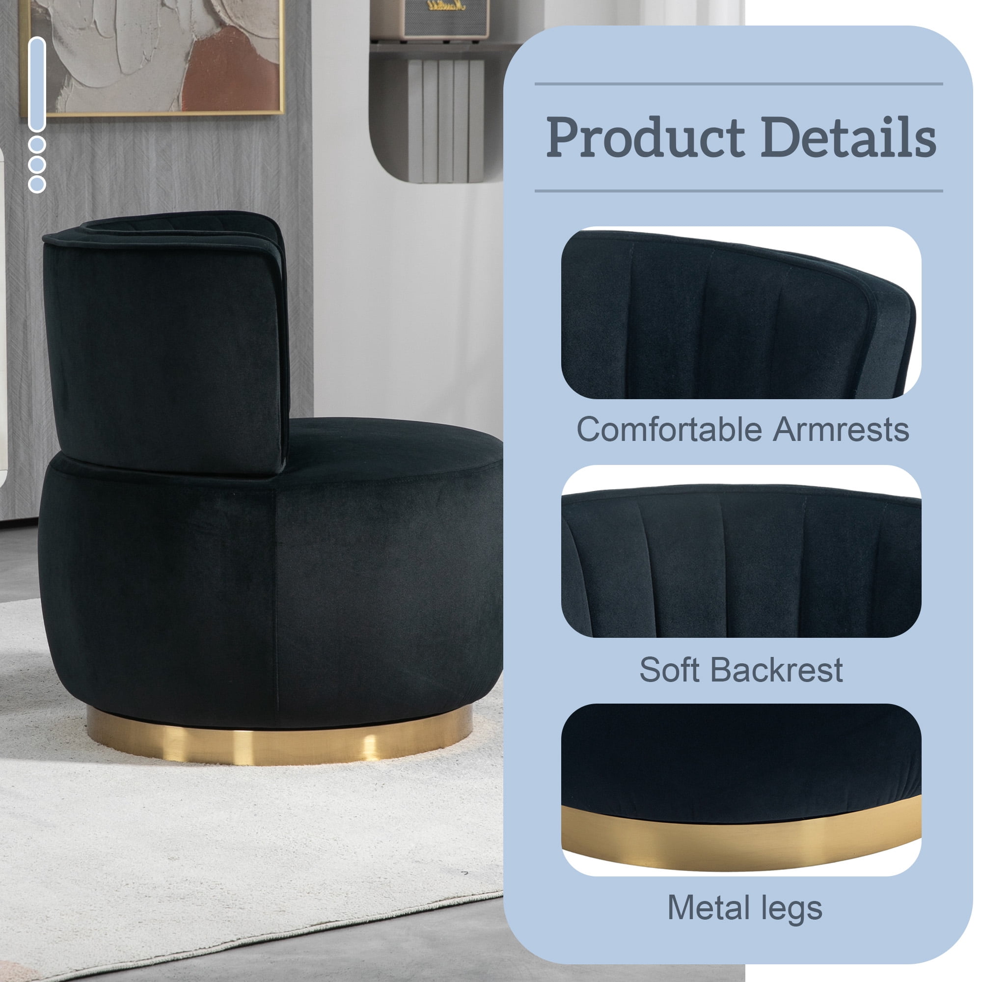 MOONMISS Velvet Upholstered 360 Degree Swivel Armless Round Barrel Chairs for Living Room-Black