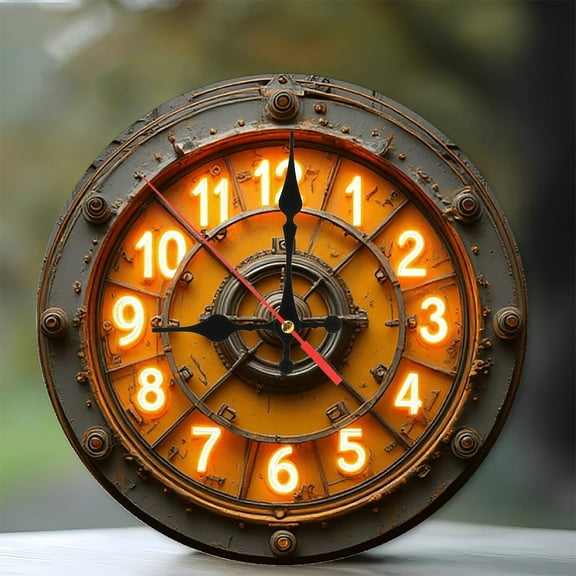 Vintage Industrial Style Neon Clock Wall Decor 10-Inch Silent Wooden Wall Clock, Battery Operated (AA Batteries Not Included), Artistic Home Decor