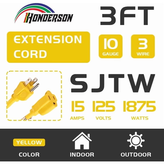 OTGFRF-Extension Cord Weatherproof, UL Listed, 10 Gauge 3FT Yellow 3 Prong Heavy Duty, 10/3 SJTW 15A Power Cord for Lights, Appliances, Lawn