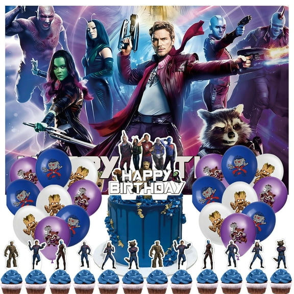 32 Pcs For Guardians Cartoon For the Galaxy Party Decoration Set – Includes Backdrop, 18 Balloons, and 13 Cupcake Toppers for Themed Celebrations