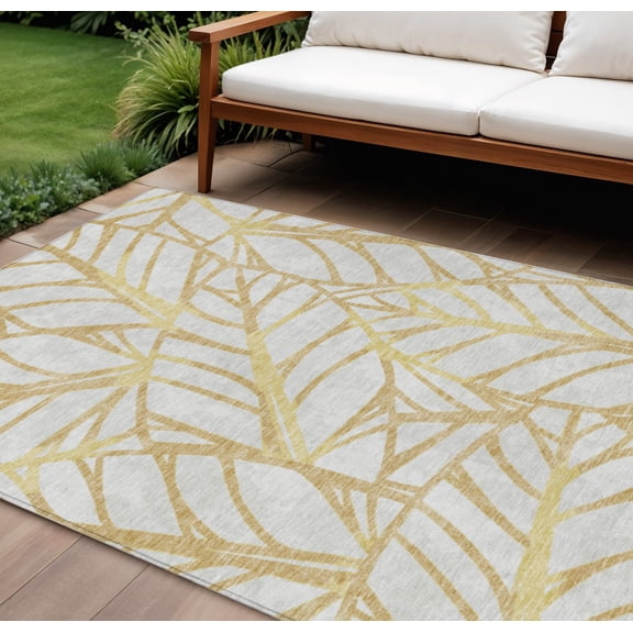 10' X 14' Gold And Beige Floral Washable Indoor Outdoor Area Rug