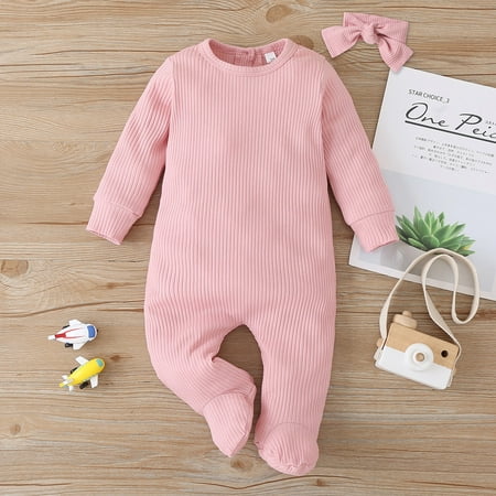 

2 PCS Baby’s Ribbed Jumpsuit Solid Color Long Sleeve Long Pant 0-9 Months