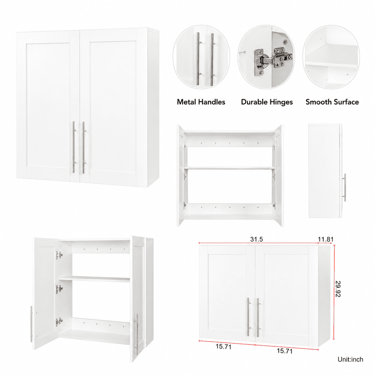 Aukfa 31.5" Wall Mounted Storage Cabinet with Adjustable Shelves, Stackable Utility Cabinet for Laundry Room & Kitchen, White