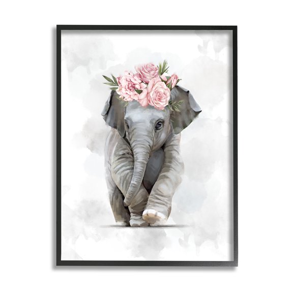 Stupell Industries Adorable Baby Elephant Eye-Catching Pink Flower Crown,24 x 30,Designed by Ziwei Li
