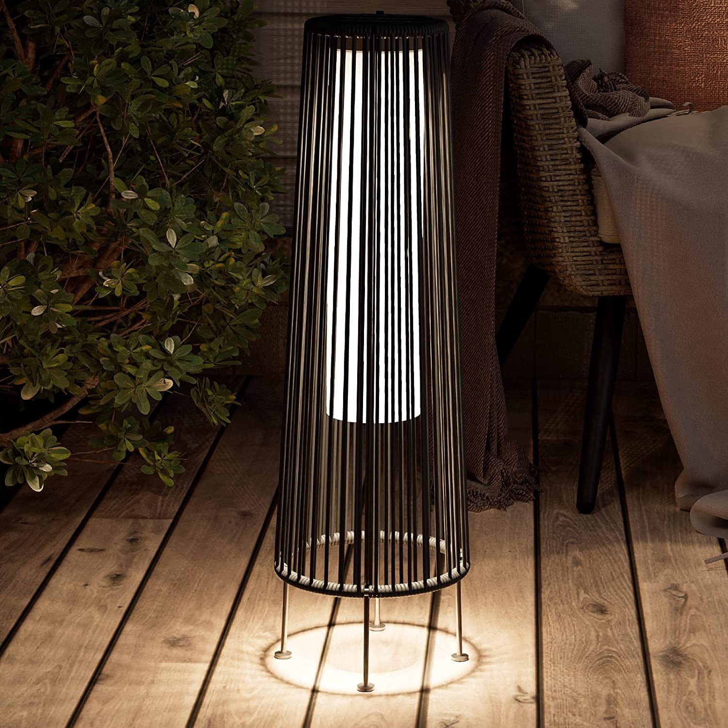 Outdoor Floor Solar Light 2-Pack, All-Weather Wicker Solar Patio Lamp, Dark Brown