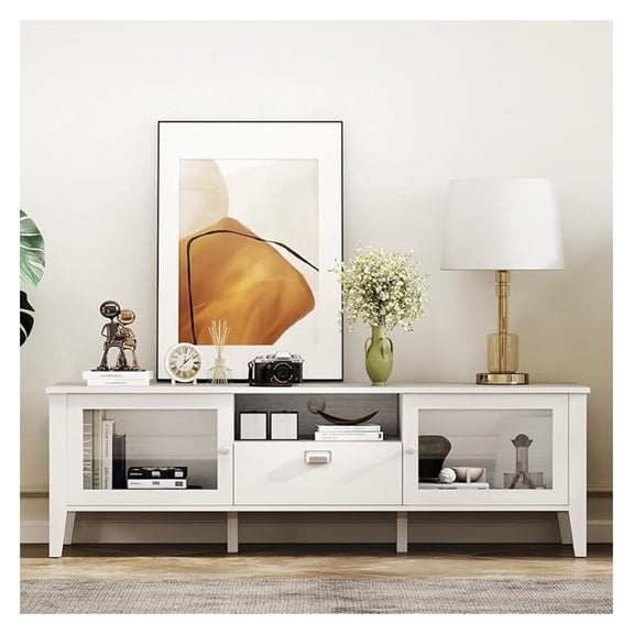 TV Stand for 65 70 inch TV, Modern Entertainment Center with Glass Doors, 63" TV Console with Storage Drawer, Media Console for Living Room, Bedroom, White