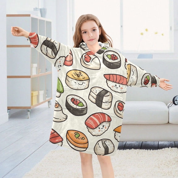 Cute Sushi Oversized Wearable Blanket Hoodie Sweatshirt Flannel for Unisex Girls Boys