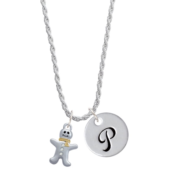 Delight Jewelry Two-tone Gingerbread Man with Crystal Buttons Silvertone Script Initial Disc - P - Charm Necklace, 20"+3"