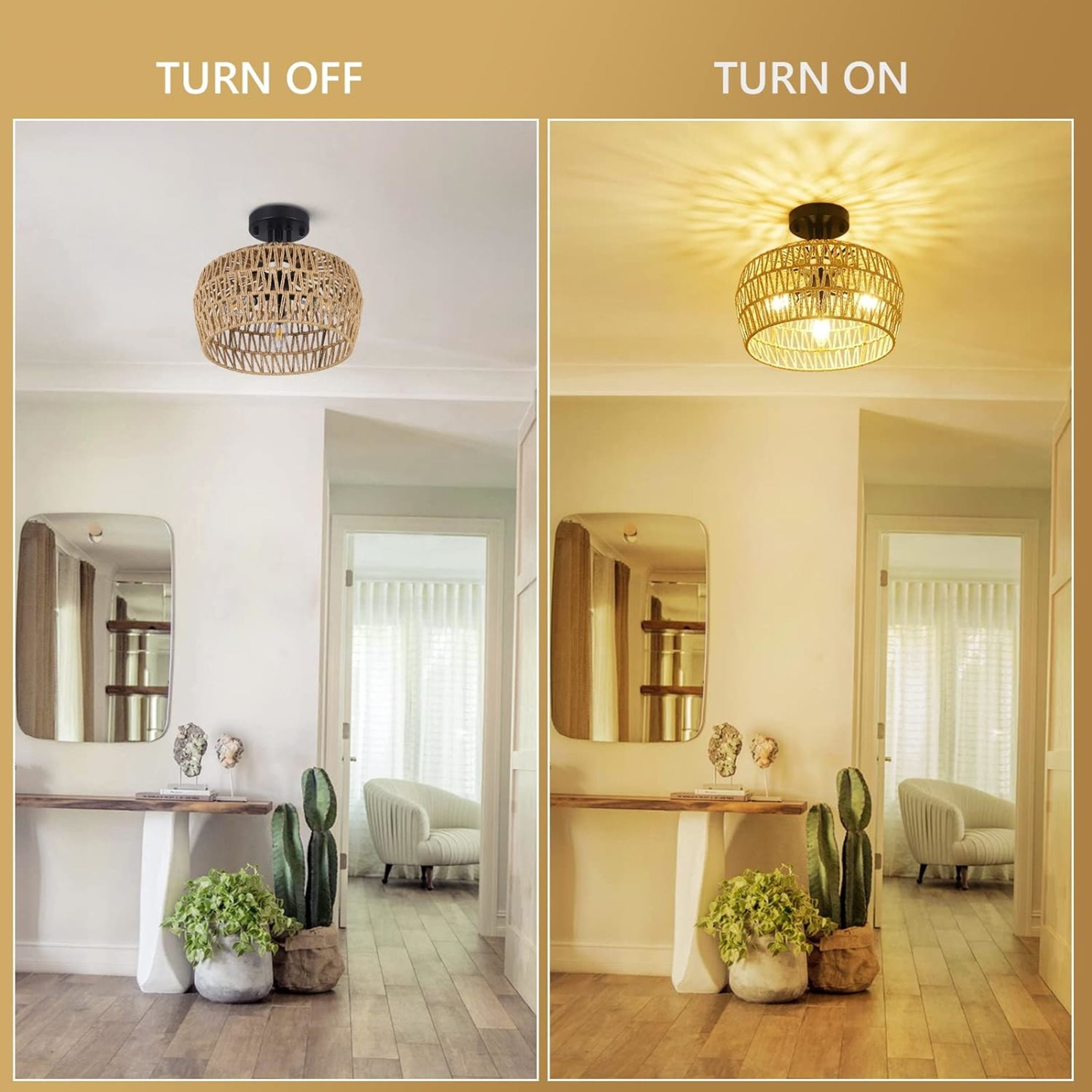 Noble House 12.6" Boho Rattan Semi Flush Ceiling Light, Natural 3-Light Wicker Close to Ceiling Fixture, Brown