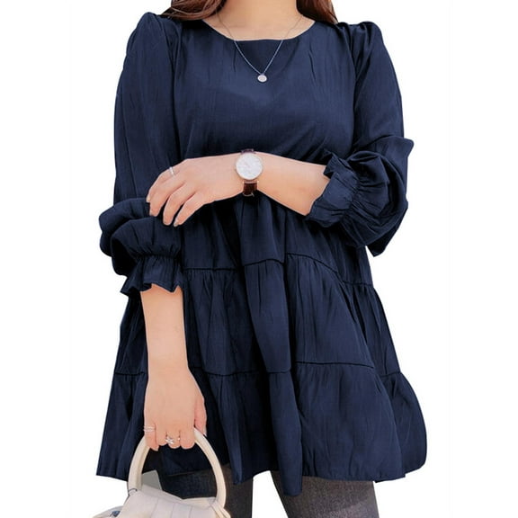 ZANZEA Women Leisure Round Neck Bubble Long Sleeve Cake Layer Blouse