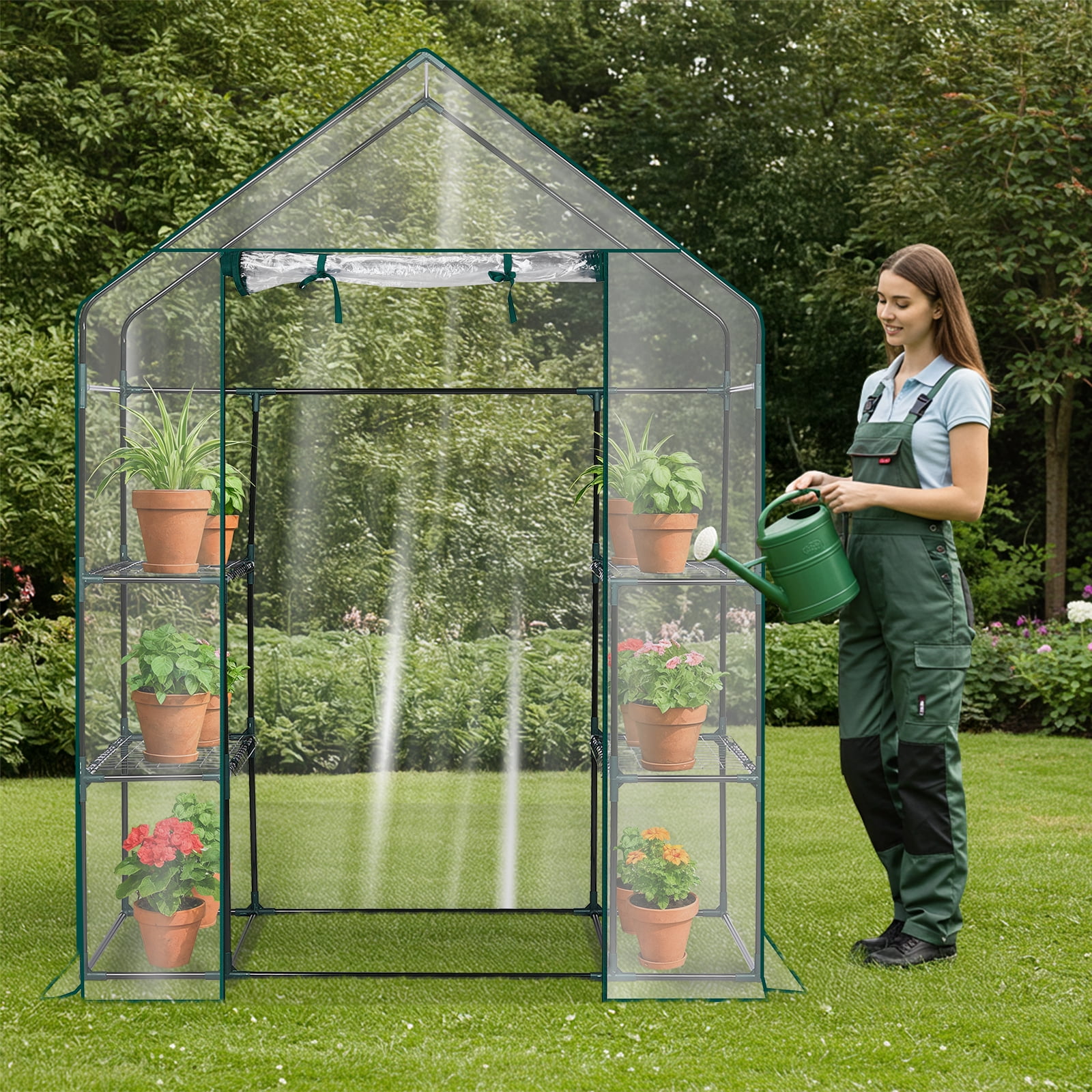 Mini Walk-in Greenhouse 56×29×77 in, 4-Tier Shelf Plant Green House with Waterproof PVC Cover, Powder-Coated Steel Frame, Roll-Up Zippered Door for Indoor Outdoor Patio Garden