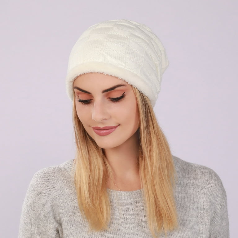 Winter Knitted Lined Beanie Hats for Women Slouchy Cable Beanie Soft Washed Warm Hat