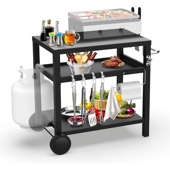 29.5''x19.6'' Outdoor Grill Cart, Pizza Oven Table Stand, 3-Shelves Food Prep Table for Ninja Woodfire, Ooni Pizza Oven, 17'' & 22'' Blackstone Griddle, Grill Stand for Picnic, Camping