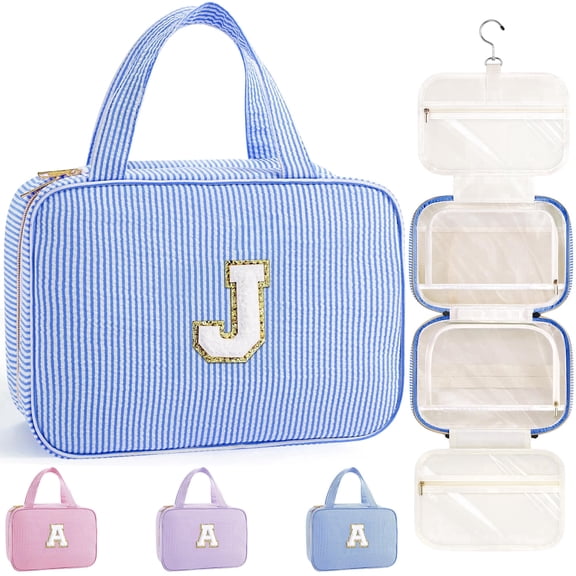 YOOLIFE Travel Toiletry Bag Makeup Bag - Hanging Toiletry Bag for Women, Portable Toiletries Travel Bag and Cosmetic Bag, Airplane Travel Essentials Travel Toiletry Bag - Letter J, Blue