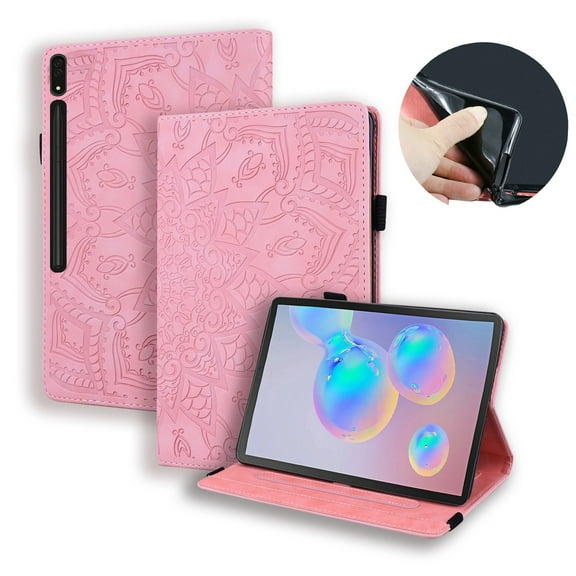 SaniMore Wallet Case for Samsung Galaxy Tab S8 Ultra 14.6 SM-X900/X906, PU Leather Embossed Sunflower Shockproof TPU Shell Card/Pen Holder Hand Rope Anti-slip Kickstand Tablet Cover, Pink