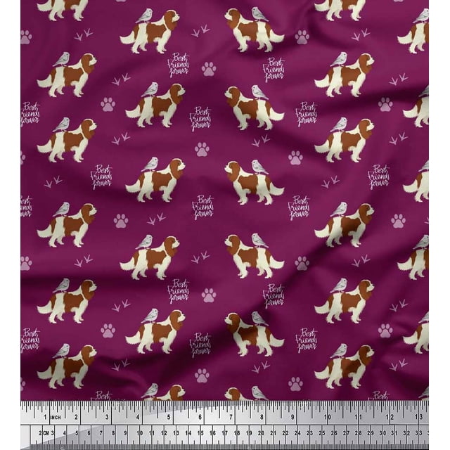 Soimoi Pink Poly Georgette Fabric Bird,Paw & Cocker Spaniel Dog Printed Fabric 1 Yard 42 Inch Wide