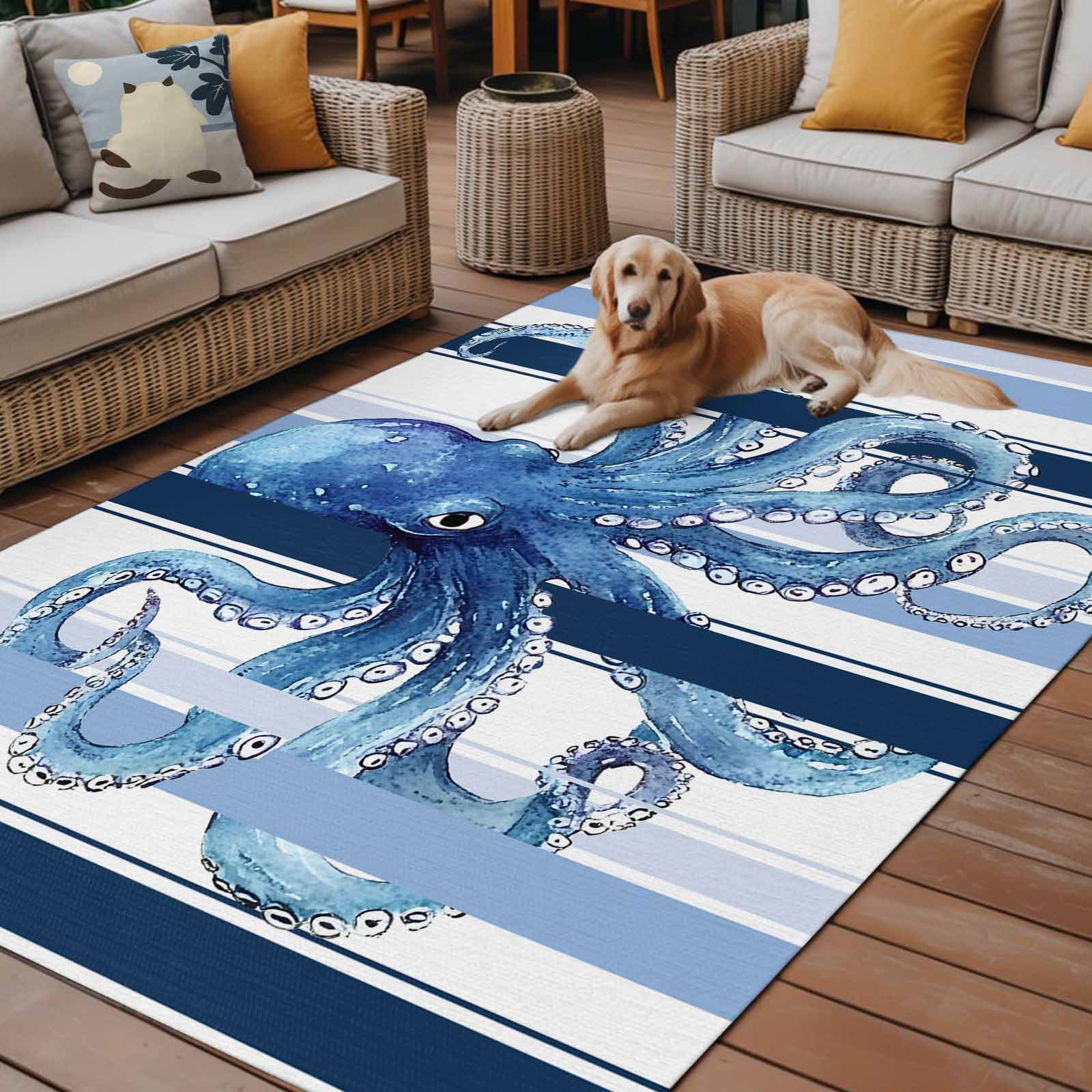 Fsddascl Ocean Octopus Outdoor Rug for Patio/Deck/Porch, Non-Slip Large Area Rug 4 x 6 Ft, Watercolor Navy Blue Aqua Stripe Modern Indoor Outdoor Rugs Washable Area Rugs, Camping Rug Carpet
