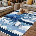 thumbnail image 2 of Fsddascl Ocean Octopus Outdoor Rug for Patio/Deck/Porch, Non-Slip Large Area Rug 5 x 8 Ft, Watercolor Navy Blue Aqua Stripe Modern Indoor Outdoor Rugs Washable Area Rugs, Camping Rug Carpet, 2 of 5