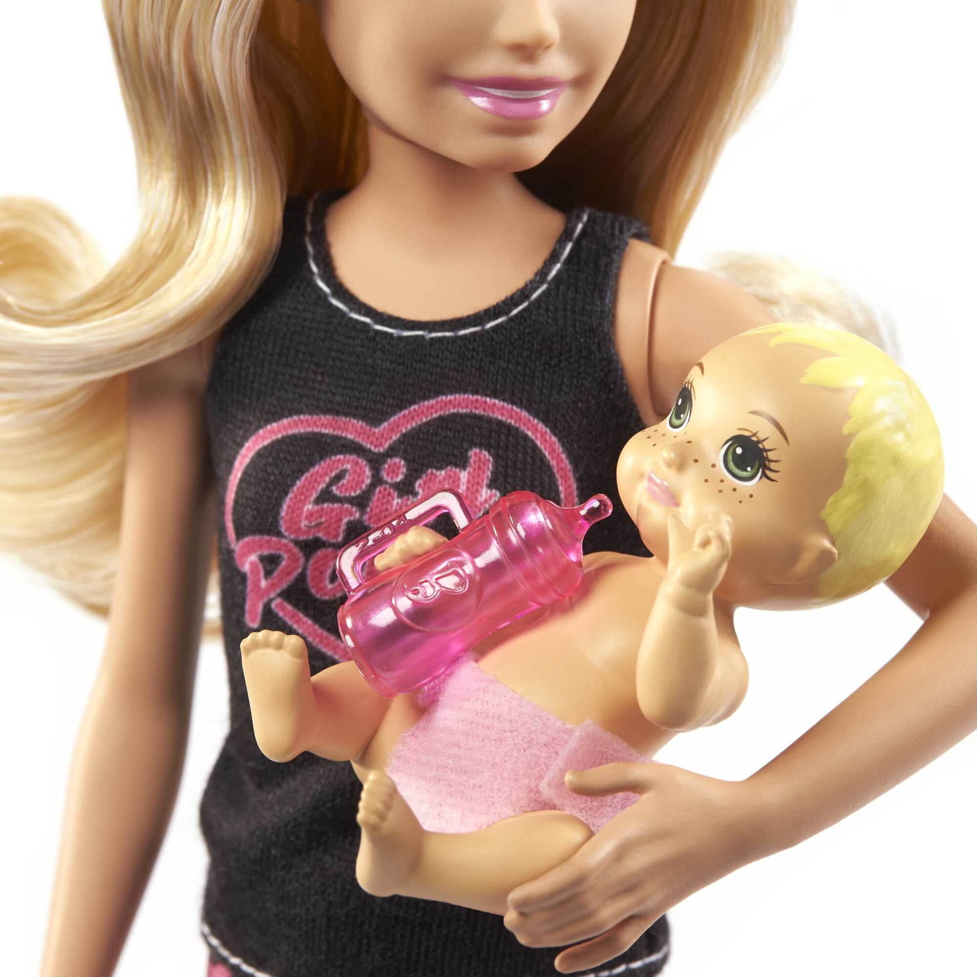 Barbie Skipper Babysitters Inc Set with Blonde Doll in 'Girl Power' Top, Baby Doll & 4 Themed Pieces