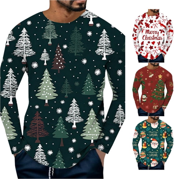 Trendfront Mens Merry Christmas Graphic T Shirts Long Sleeve Tree Star And Reindeer Holiday Print Crewneck Winter Festive Casual Tee Tops